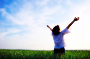 Concept - freedom. The girl photographed behind on a background of a sunset above a wheaten field